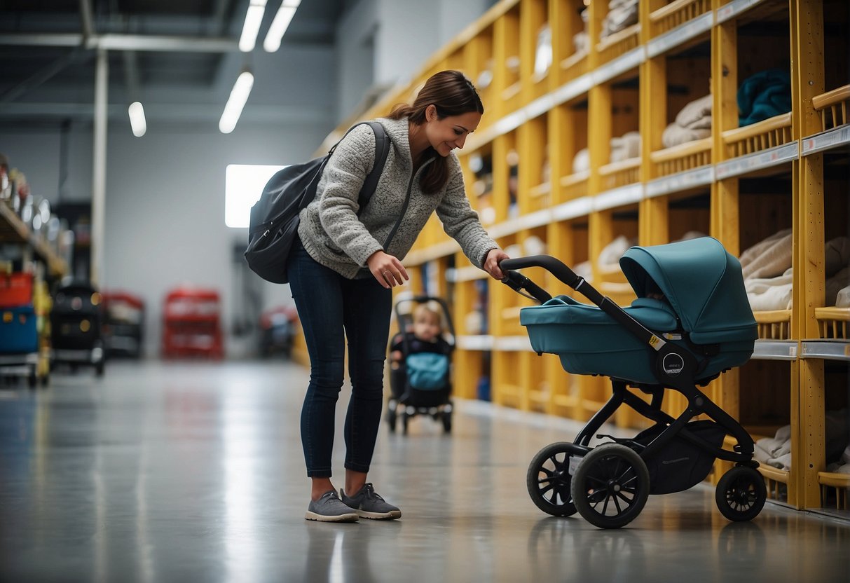A parent placing a pram in storage, while a toddler walks beside them