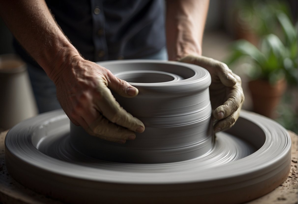A potter's wheel spins as wet cement is molded into a plant pot. Hands shape and smooth the surface, while tools create texture and form
