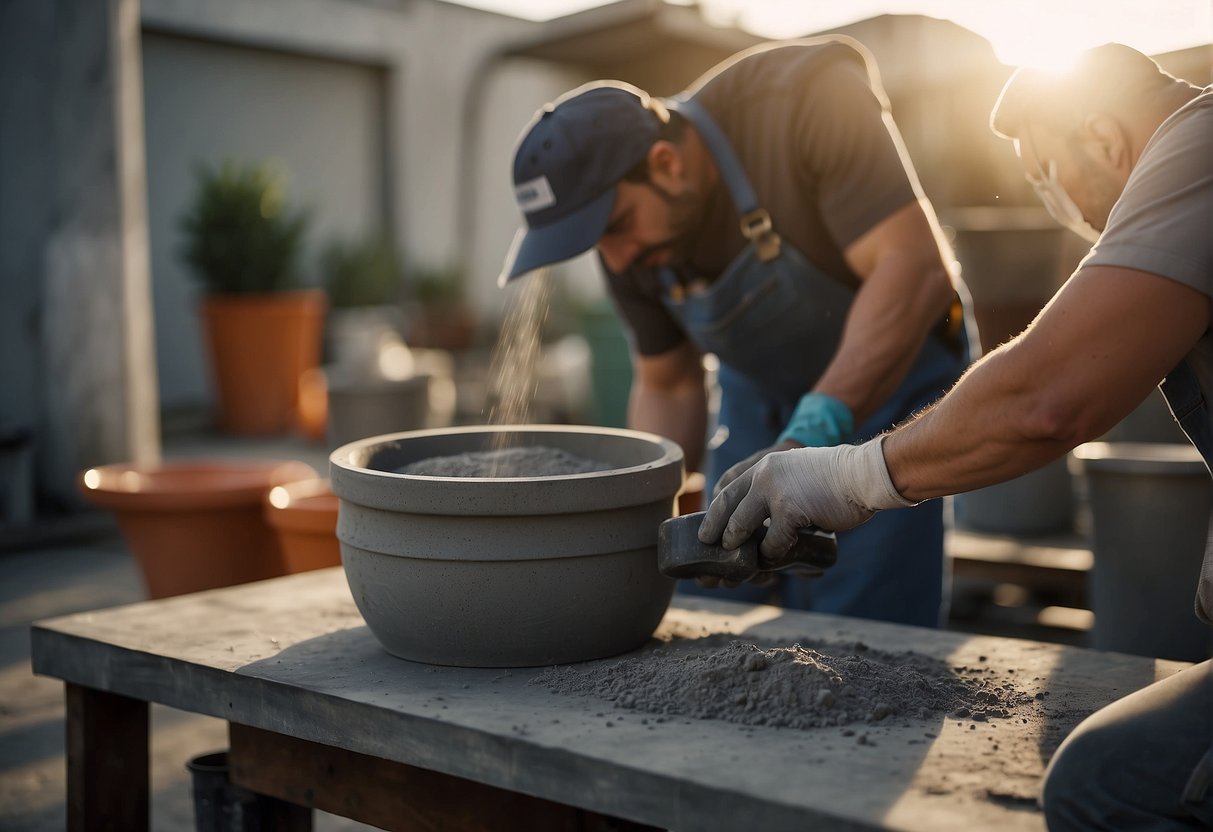 A worker pours cement into a mold for a plant pot. The pot sits on a table surrounded by tools and bags of cement