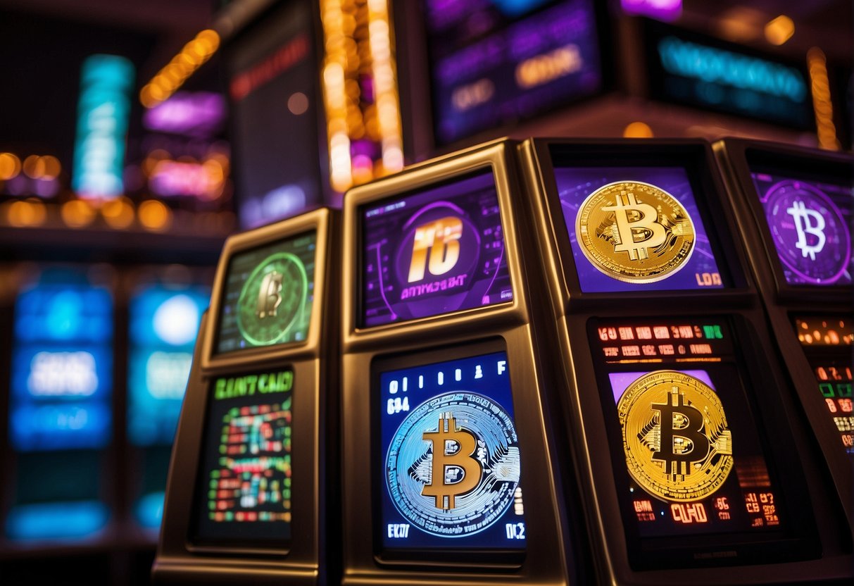 A colorful array of popular cryptocurrencies, including Bitcoin, Ethereum, and Litecoin, are featured on a digital slot machine in an online gambling setting