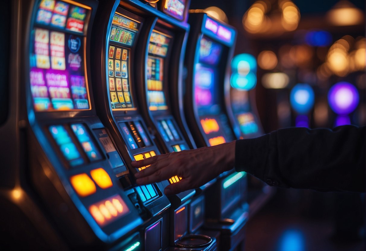 A hand reaches for a glowing slot machine in a vibrant crypto casino, surrounded by digital currency symbols and a futuristic atmosphere