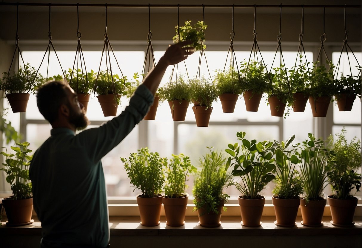 A hand reaches up, selecting a vibrant green plant from a row of hanging planters. The sun shines through a nearby window, casting a warm glow on the scene