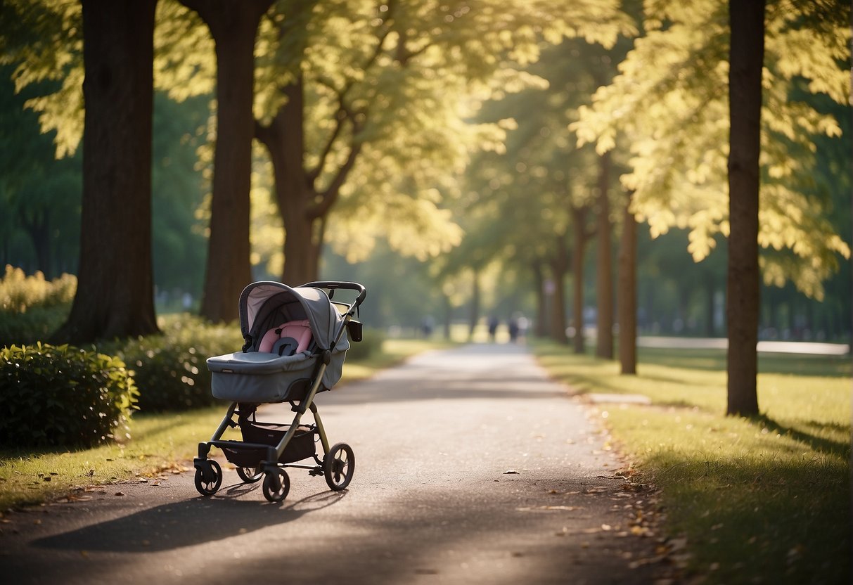 A person leaving a stroller next to a "free" sign in a park