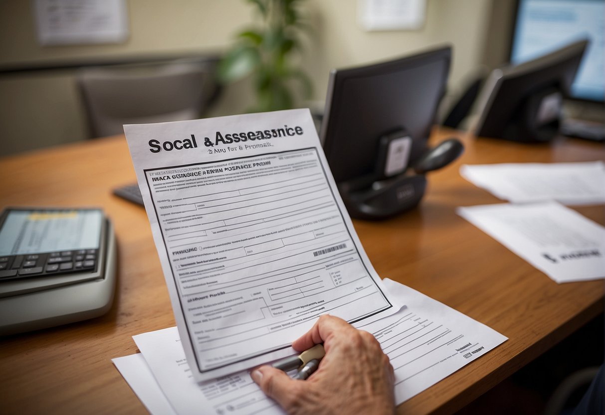 A person filling out paperwork at a social services office, with a sign reading "Stroller Assistance Program" above a desk