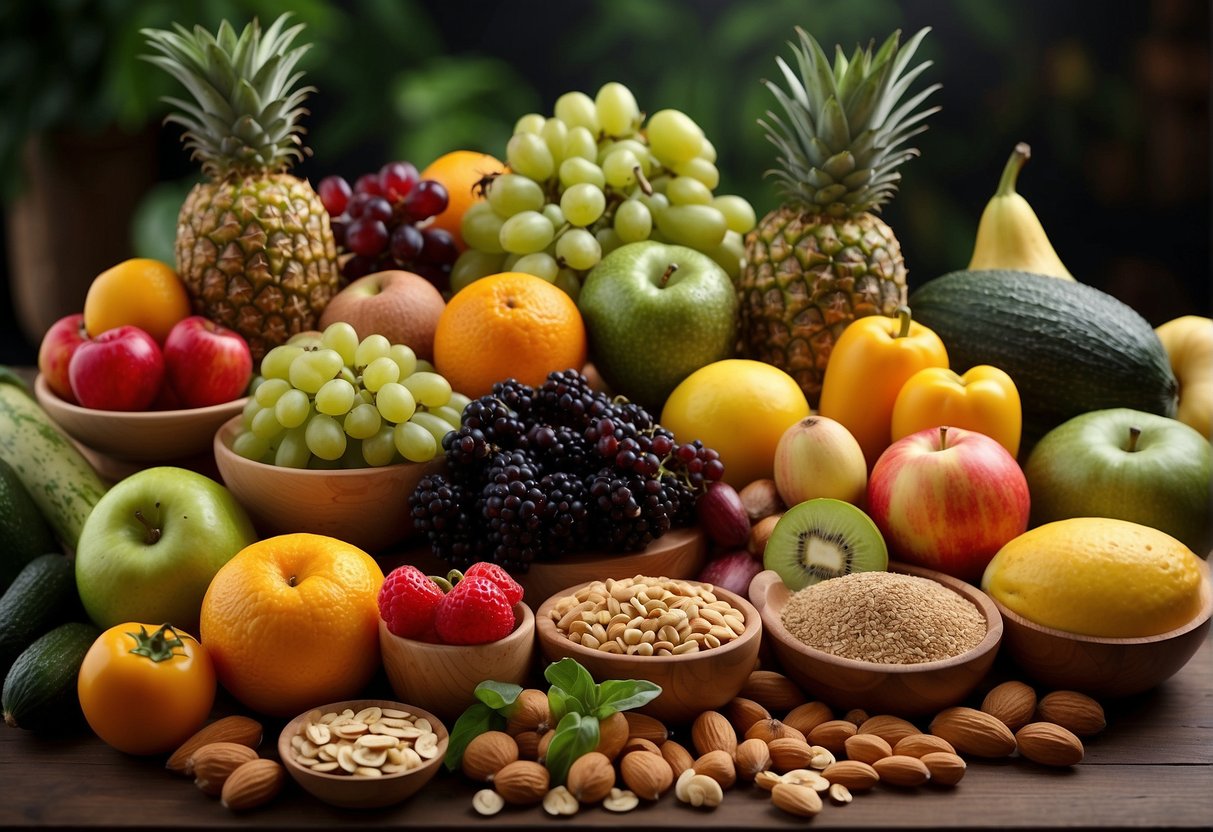 A colorful array of fruits, vegetables, nuts, seeds, and grains arranged on a table, with a variety of plant-based food products surrounding them
