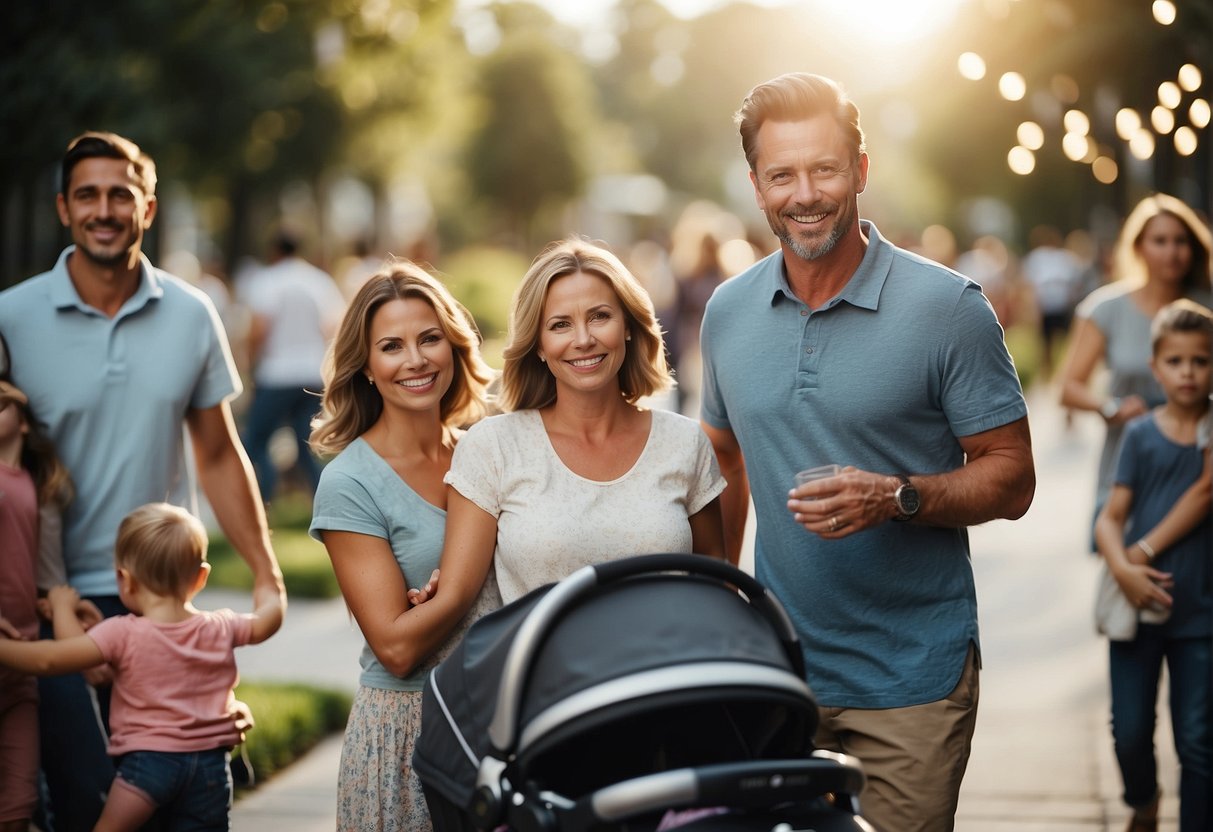 A smiling family receives a free stroller from a community giveaway event