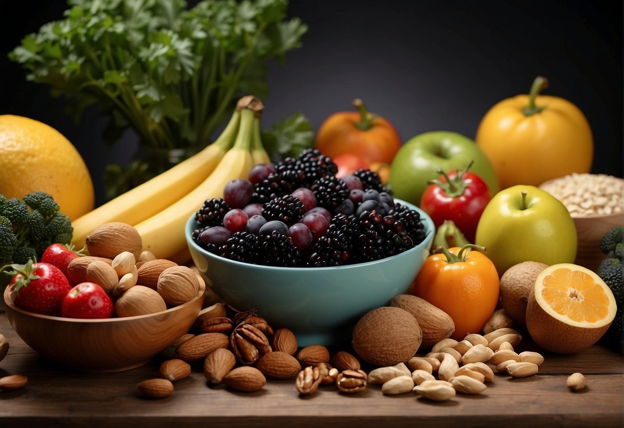 A colorful array of fruits, vegetables, nuts, and grains arranged on a table, with a prominent emphasis on plant-based foods