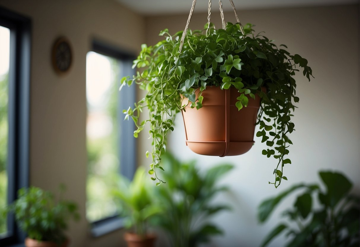 A hanging pot plant holder sways gently in the breeze, suspended from a hook on the ceiling. The lush green leaves of the plant spill over the edges of the pot, creating a natural and peaceful atmosphere