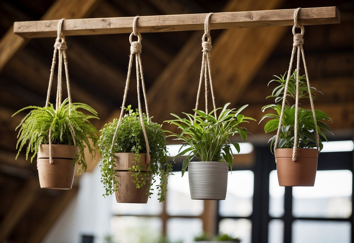 Various hanging pot plant holders suspended from a wooden beam, each displaying a different type of plant. The holders vary in size, material, and design, creating a visually interesting and diverse display