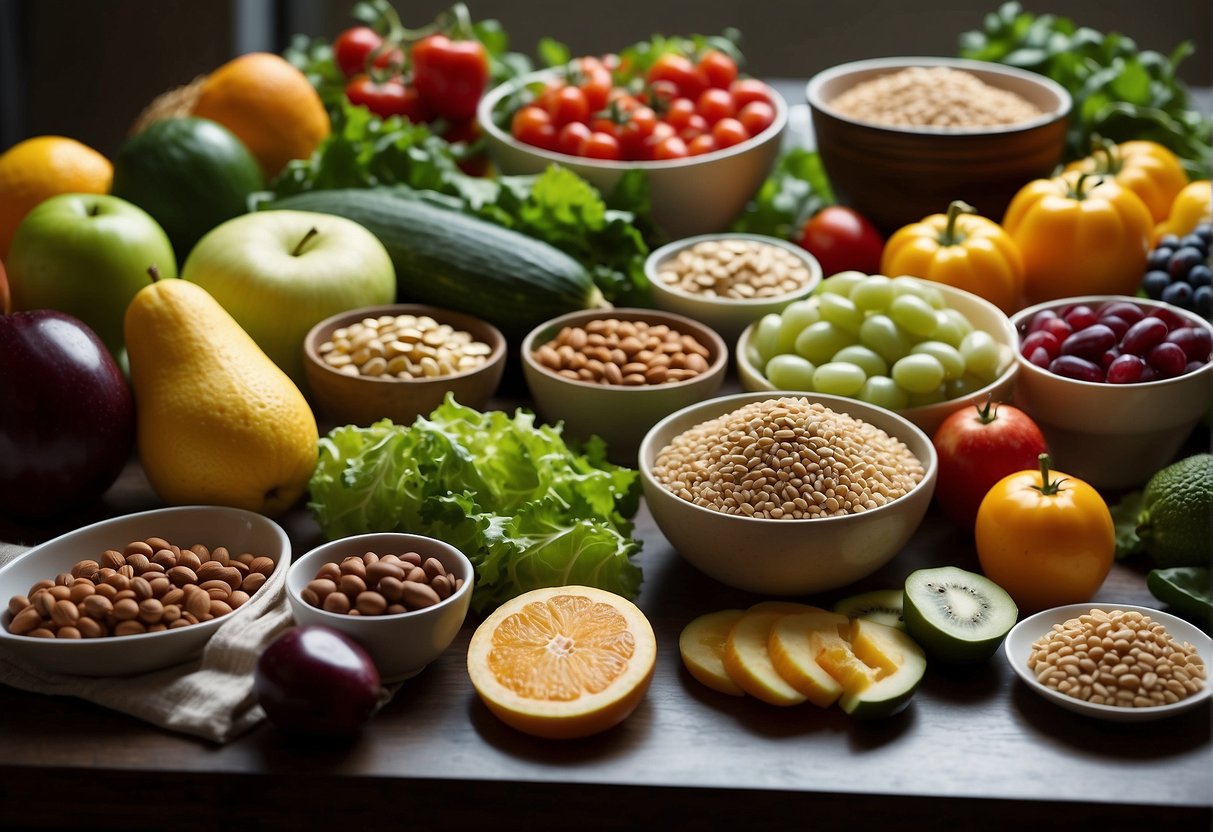 A colorful array of fruits, vegetables, grains, and legumes spread out on a table, with a vibrant green salad and a variety of plant-based proteins