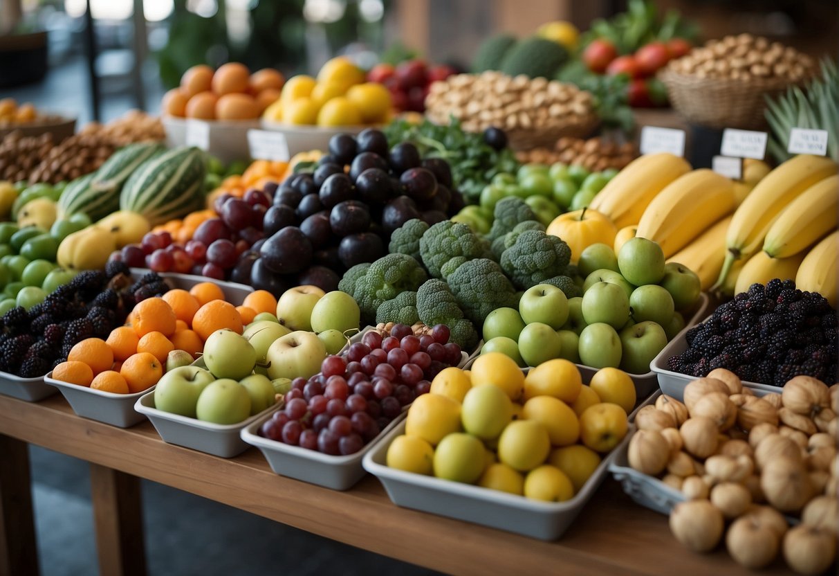 A table filled with colorful fruits, vegetables, nuts, seeds, and legumes. A variety of plant-based foods are displayed, showcasing the diversity of a vegan diet