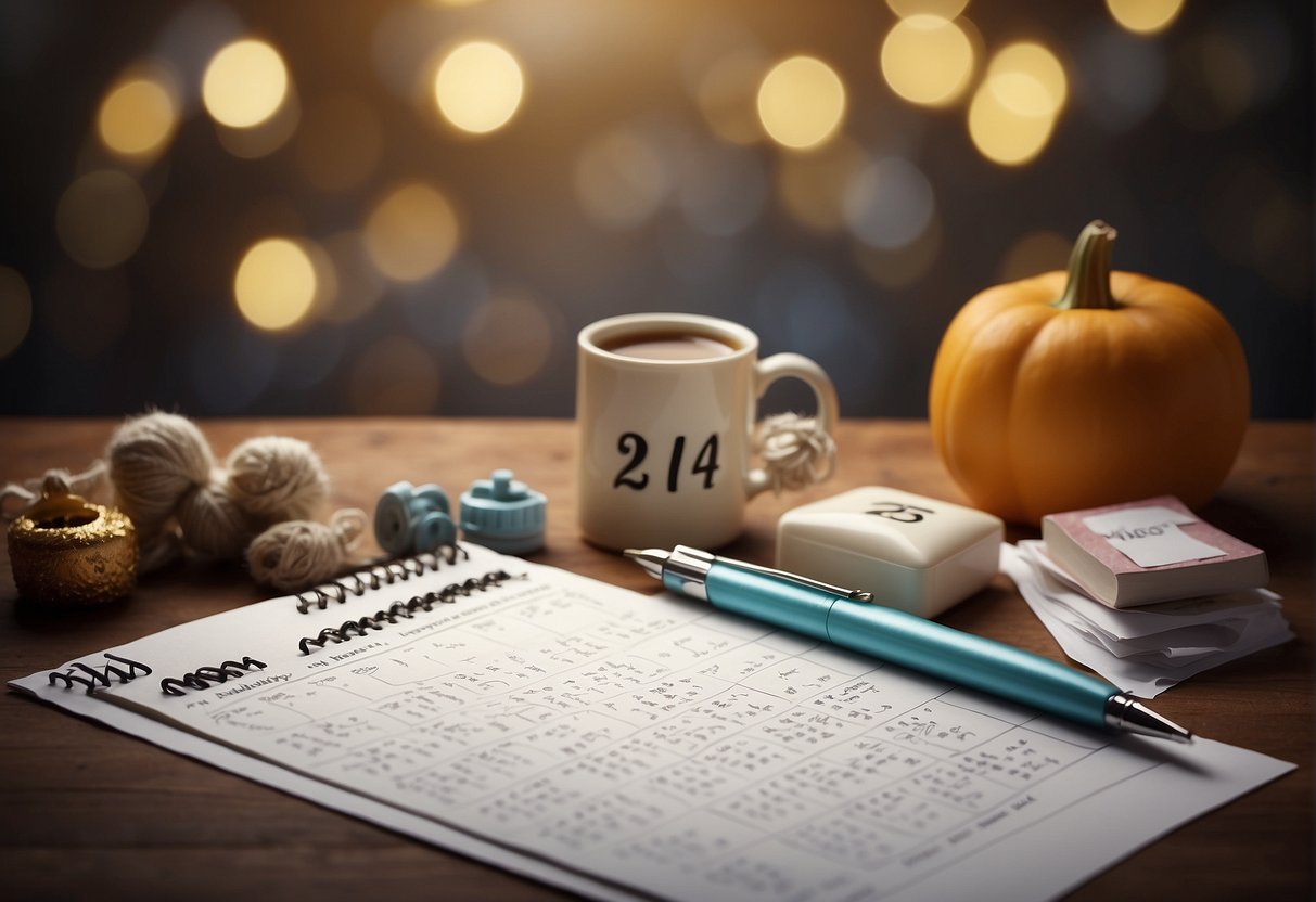 A calendar showing 24 weeks, a shopping list with baby items, and a question mark hovering over the items