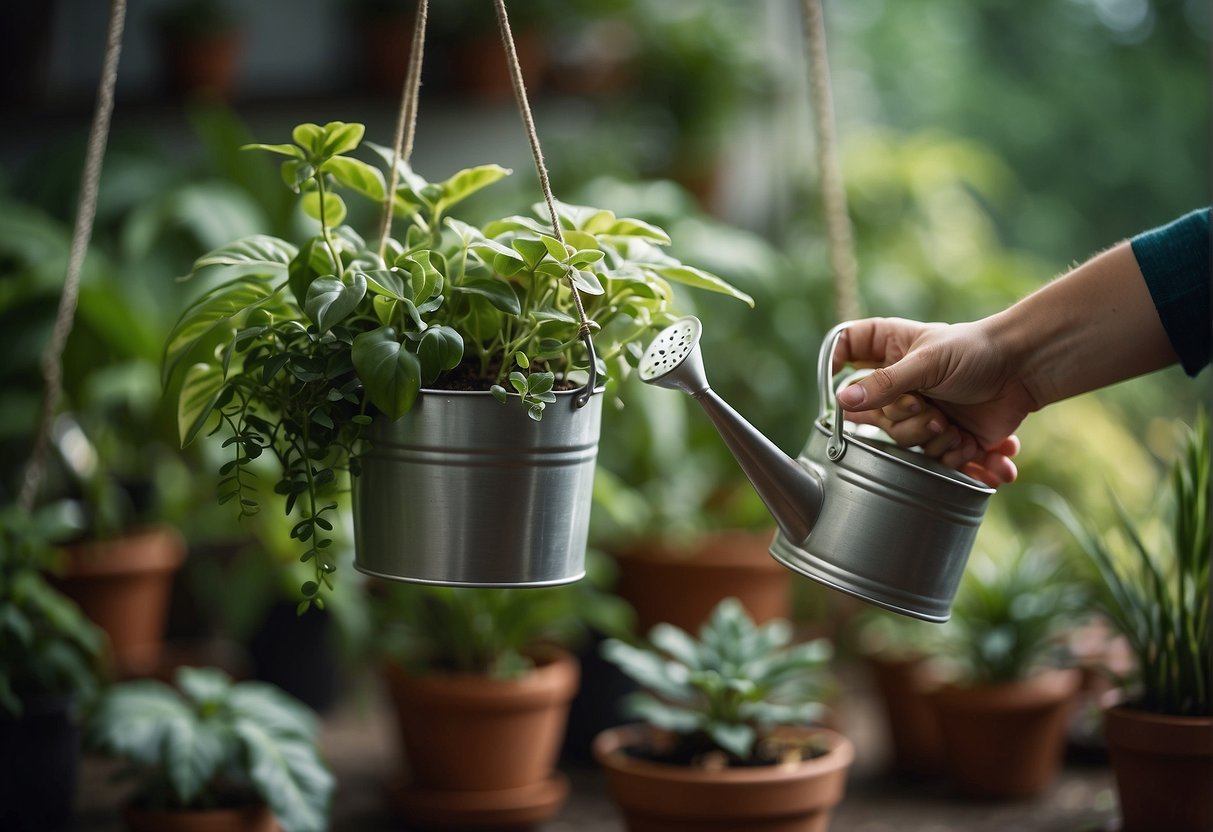 A hand reaches up to water a hanging pot plant holder with a small watering can, surrounded by a variety of lush green plants
