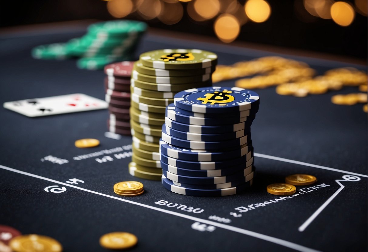 A digital blackjack table with Bitcoin symbols, cards, and chips