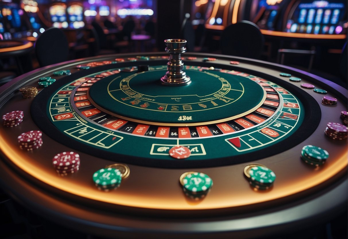 A sleek, modern casino table with digital blackjack interface, surrounded by futuristic cryptocurrency logos and symbols