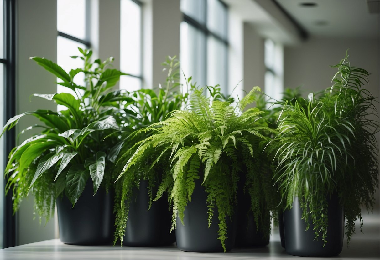 Lush green plants cascade down from sleek, modern wall planters, bringing life and freshness to the indoor space. The soft glow of natural light highlights the vibrant foliage, creating a calming and rejuvenating atmosphere