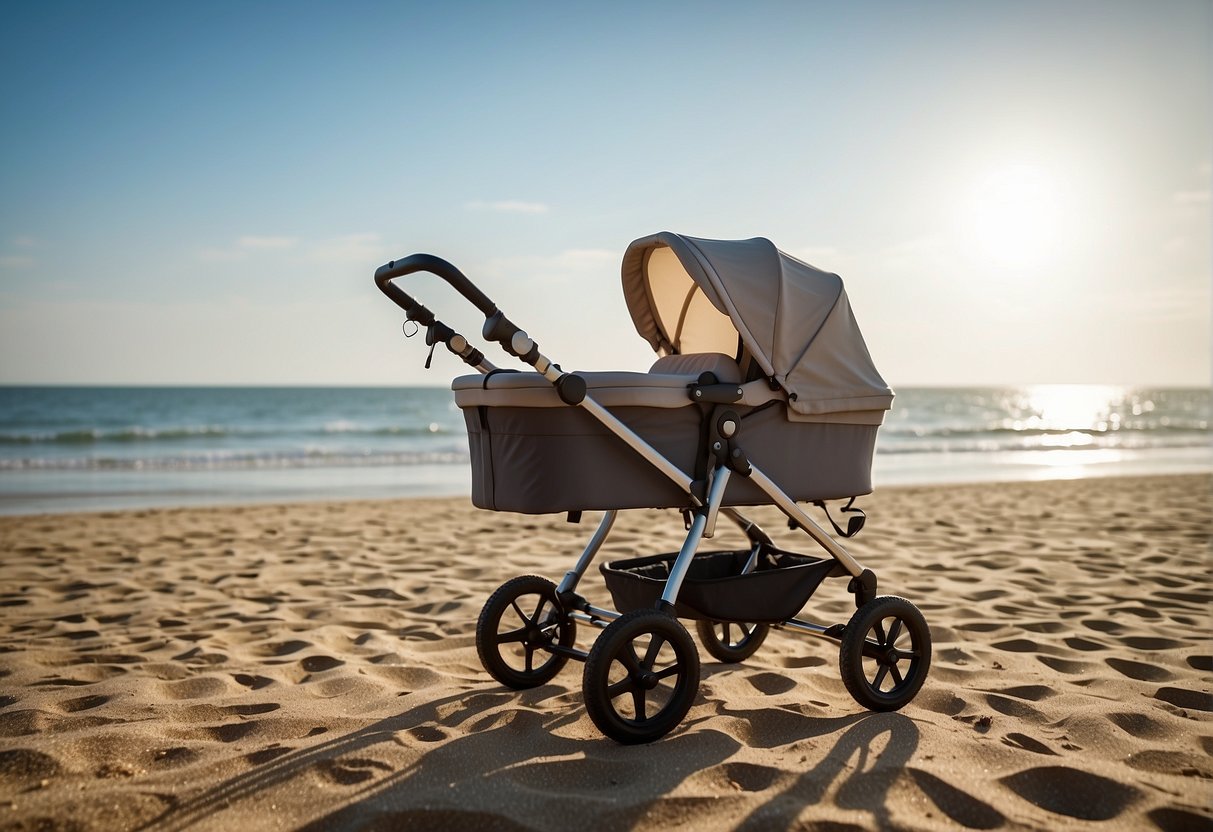 A lightweight, foldable pram with a sunshade and ample storage, being pushed along a sandy beach with a calm ocean in the background