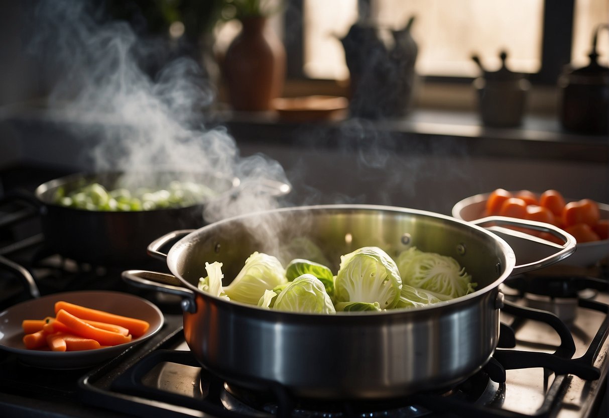 A pot simmering on a stove, filled with cabbage, carrots, and other vegetables. Steam rising from the pot, with a ladle resting on the side