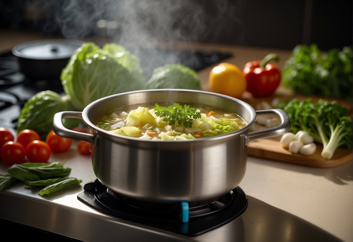 A pot of cabbage soup simmers on a stove, surrounded by fresh vegetables and herbs. A bowl of the soup sits on a table, steam rising from its surface