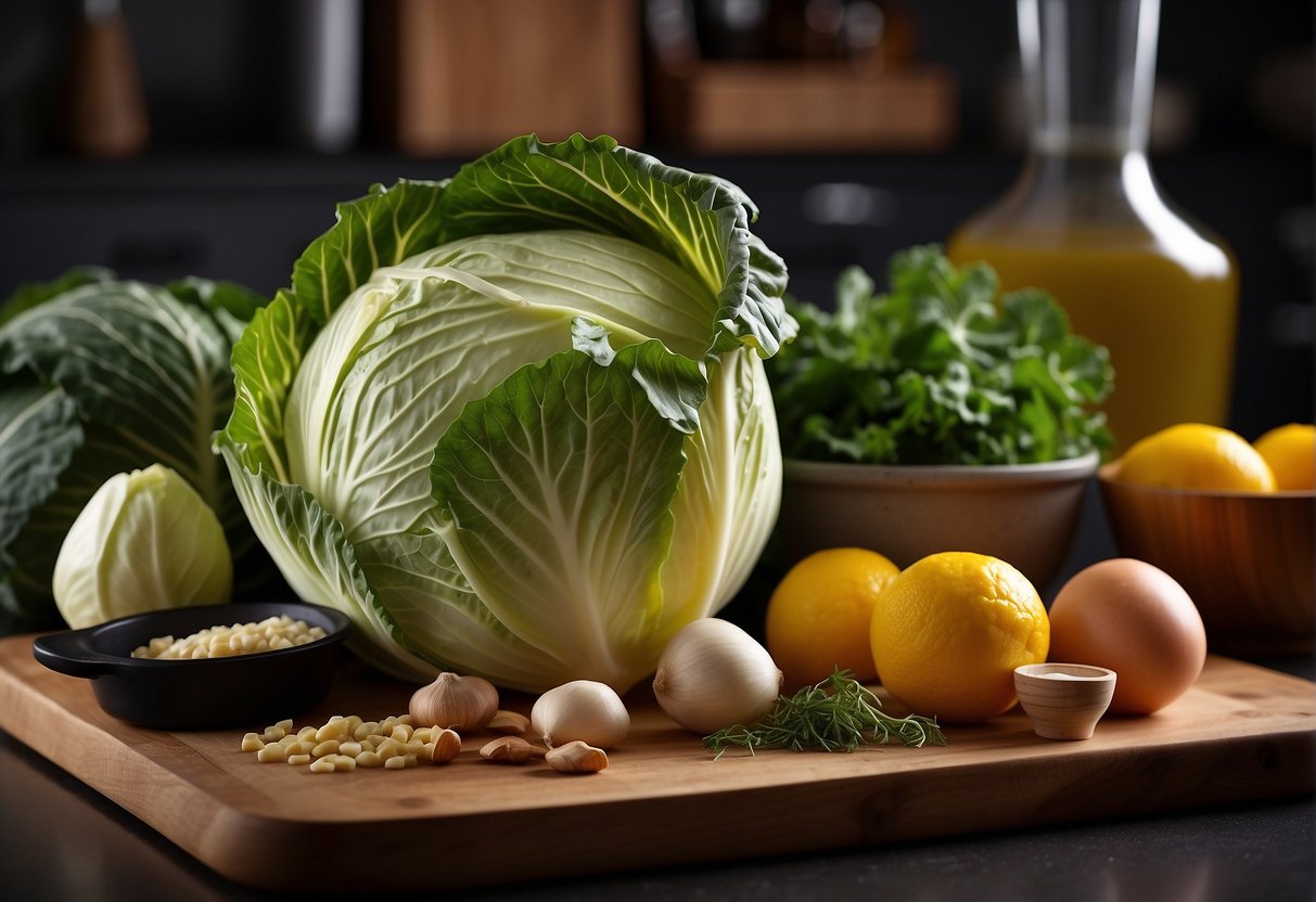 A head of cabbage, a pot, and various other ingredients laid out on a kitchen counter