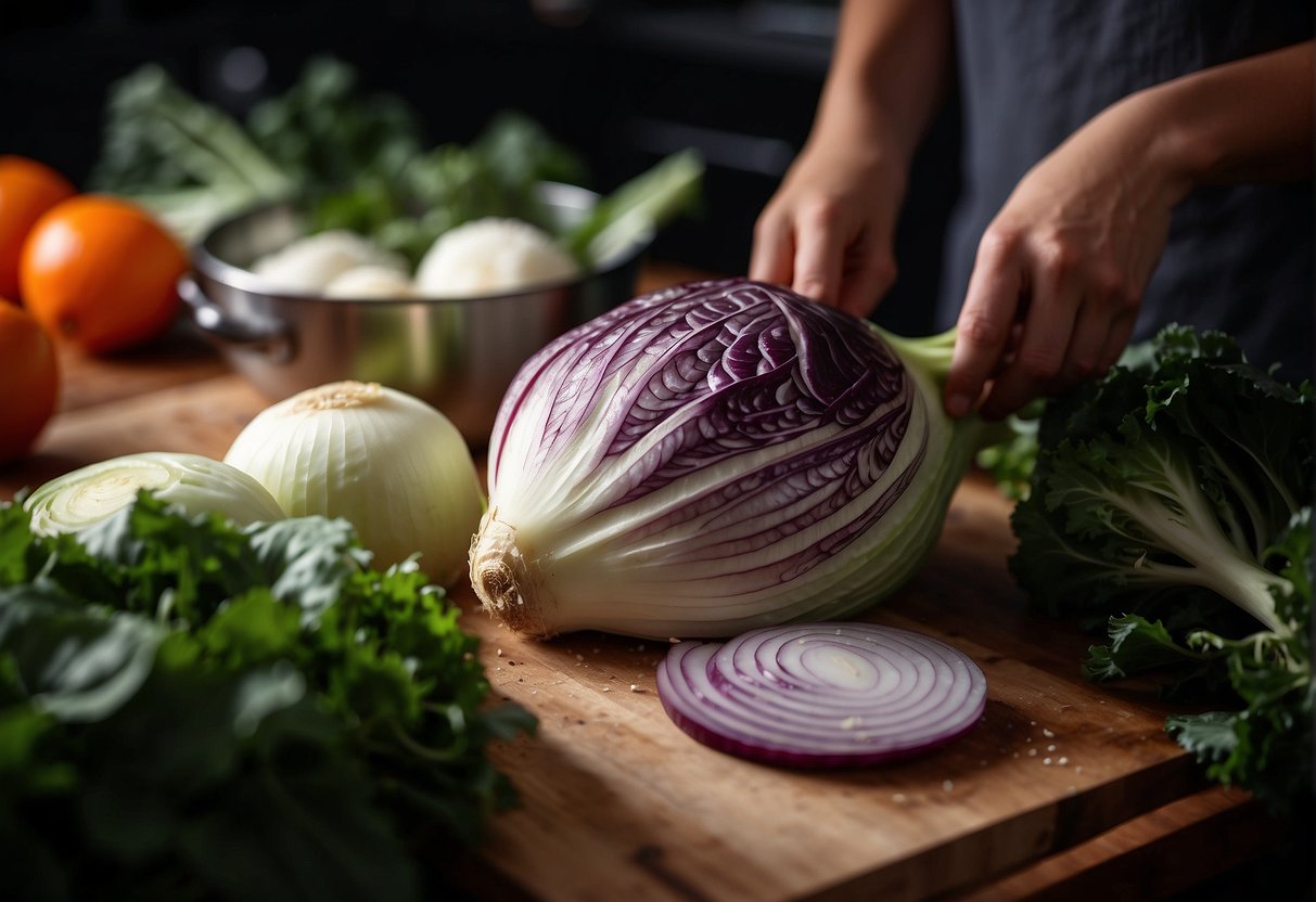Chopping cabbage, carrots, and onions. Simmering in a pot with broth and seasonings. Steam rising