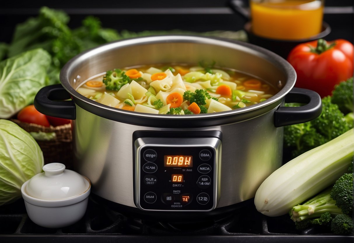 A pot of cabbage soup simmers on a stove, surrounded by fresh vegetables and a printed diet protocol and eating plan
