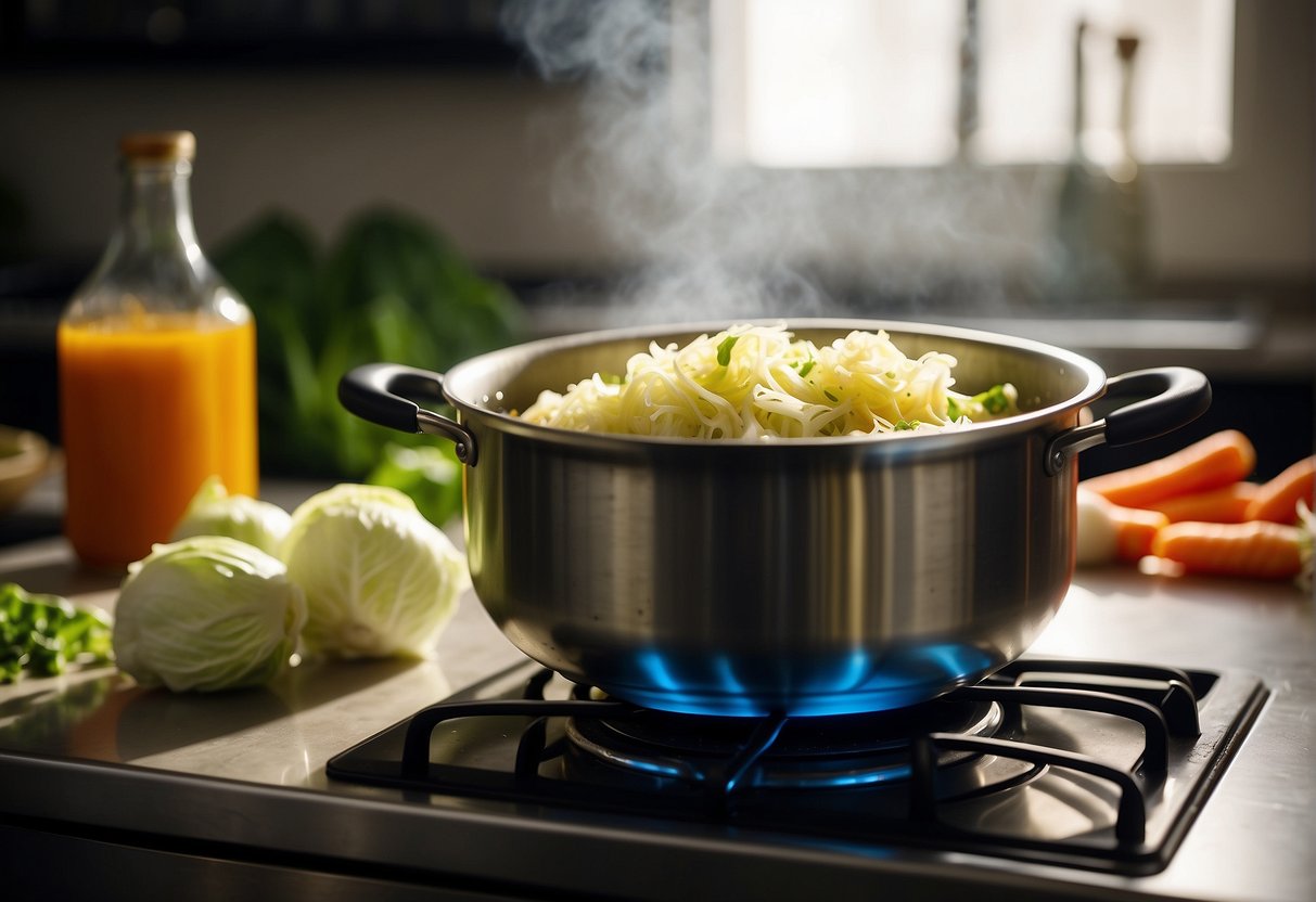 A pot of cabbage soup sits on a stove, steam rising. Fresh cabbage, carrots, and onions are neatly arranged nearby. Ingredients and a recipe card lay on the counter