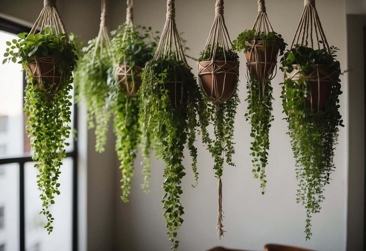 Lush green plants cascade down from macrame hangers, creating a natural and serene display against a neutral wall