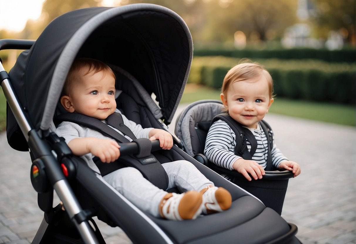 Two kids' double stroller with added accessories and storage