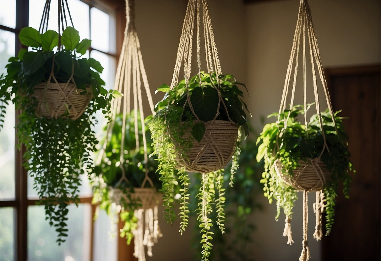 Lush greenery cascades from macrame hangers, filling the room with vibrant life and natural beauty. Sunlight filters through the leaves, casting soft shadows on the walls, creating a serene and inviting atmosphere