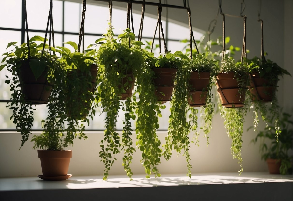 Lush green plants hang from hooks on a white wall. A ladder leans nearby, ready for use. Sunlight streams in, casting shadows on the plants