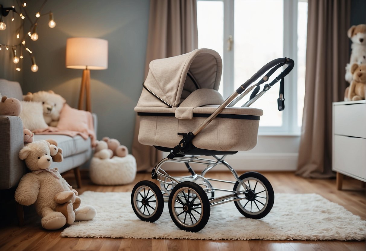 A brand new pram sits in a cozy nursery, surrounded by soft blankets and toys. The room is filled with anticipation and excitement for the arrival of a new baby