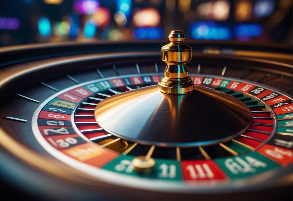 A colorful roulette wheel spins on a digital interface, surrounded by cryptocurrency logos and icons. The vibrant graphics and sleek design highlight the excitement of online crypto gambling