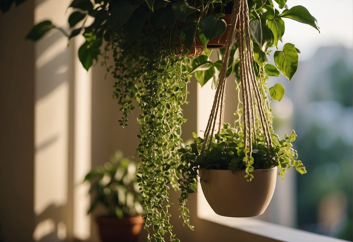 A lush green plant cascades from a ceramic pot suspended by macrame in a sunlit room