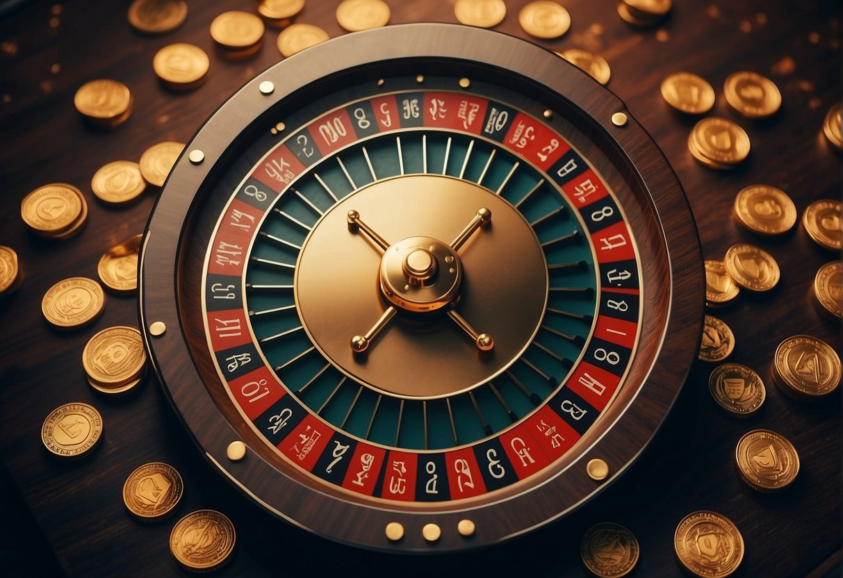 A roulette wheel surrounded by cryptocurrency symbols and promotional banners