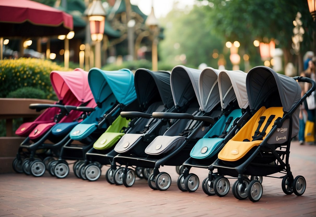 Colorful strollers with Disney logos in a crowded theme park