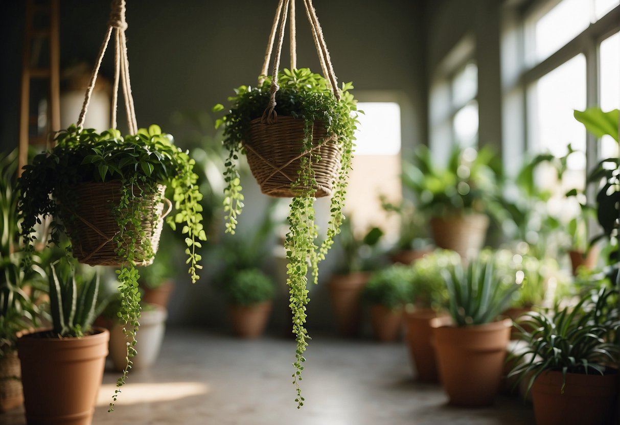 Lush green plants hang from macramé hangers, bathed in soft indoor light. Watering can sits nearby