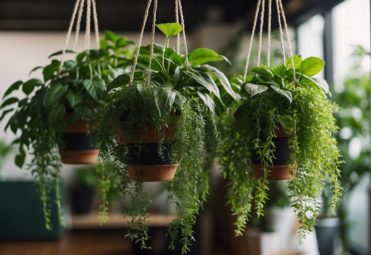 Lush green plants cascade from decorative hanging pots, adding a touch of nature to the indoor space