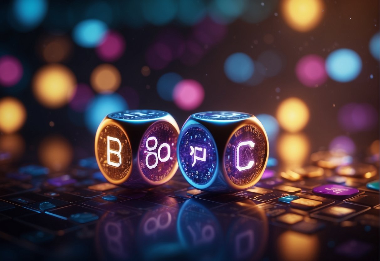 A pair of dice rolling on a digital screen, surrounded by cryptocurrency symbols. A set of rules displayed next to the dice, with a vibrant and engaging design