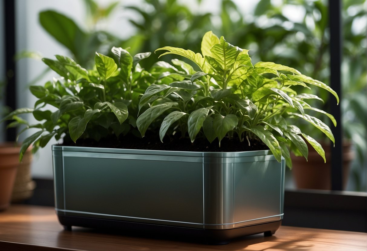Lush green plants thrive in self-watering planters, with water reservoirs ensuring constant hydration. The vibrant foliage cascades over the edges, creating a visually stunning display