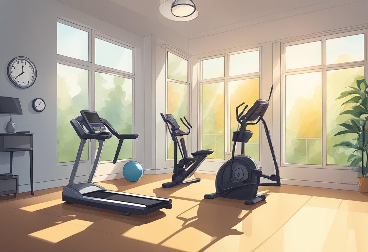 A bright, sunlit room with exercise equipment at the ready. A clock on the wall shows the time as early morning, suggesting the best time of day to exercise