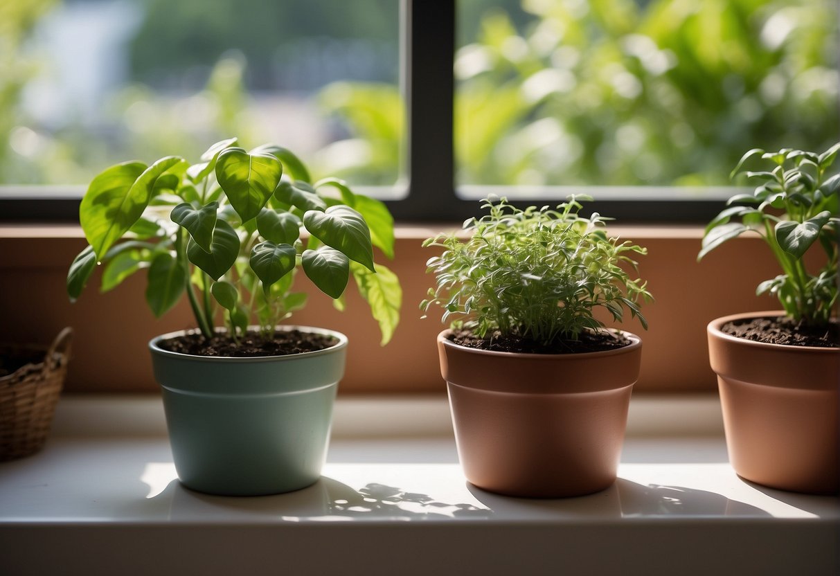 Self-watering pots sit on a sunny windowsill, filled with vibrant green plants. A small reservoir at the bottom provides water, while the soil and leaves thrive
