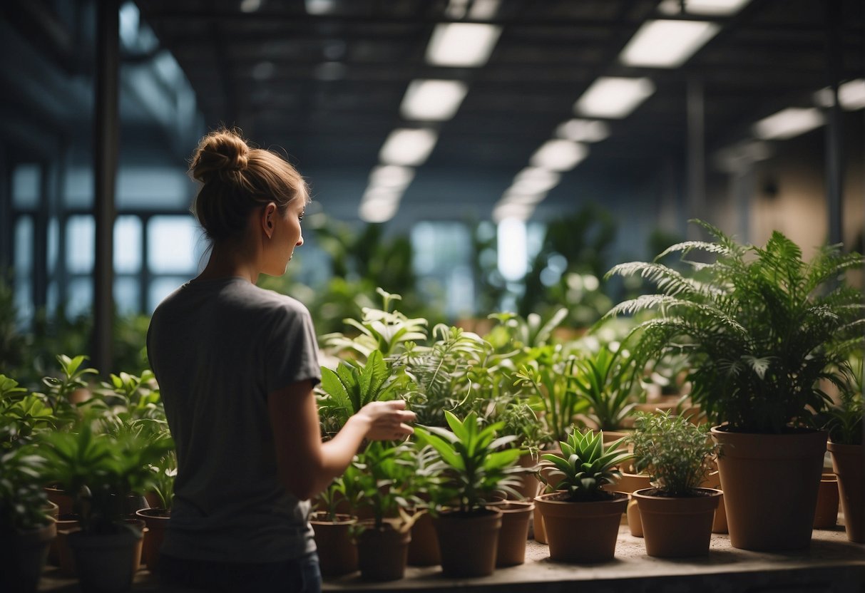 A person chooses indoor plants and places them into self-watering pots