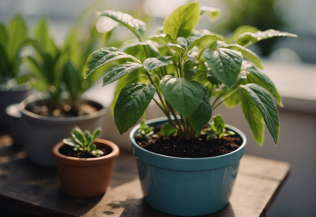 A plant sits in a self-watering pot, with a reservoir below the soil. The pot has a wicking mechanism that draws water from the reservoir to keep the plant hydrated