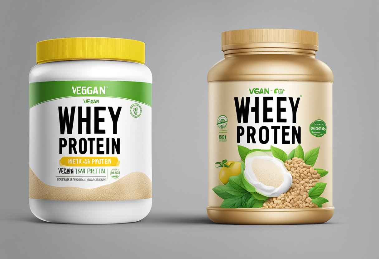 A container of whey protein next to a "vegan" label