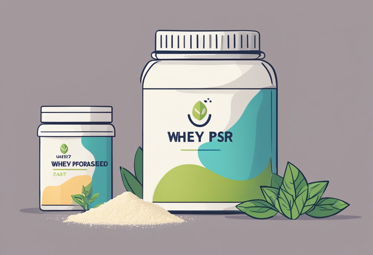 A container of whey protein powder sits next to a plant-based protein powder. A question mark hovers above the whey protein, symbolizing the uncertainty of its vegan status