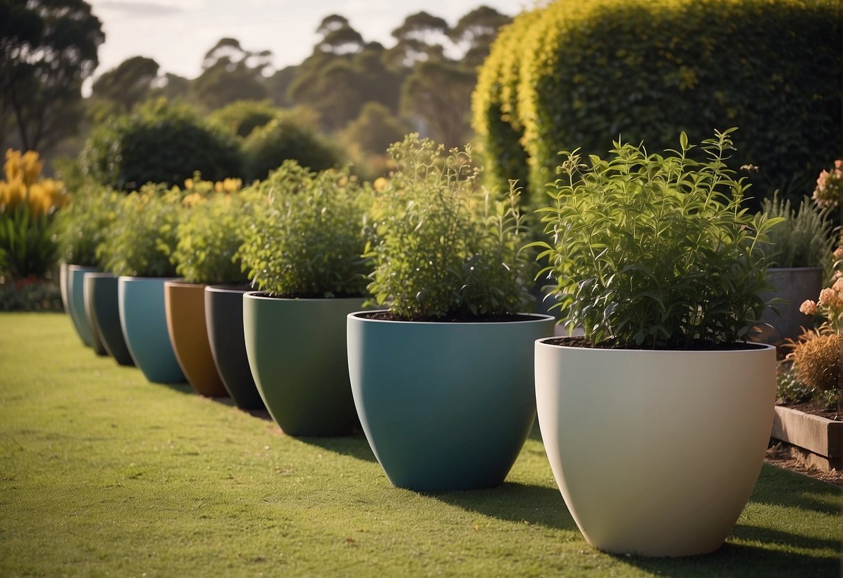 A row of oversized self-watering pots in an Australian garden