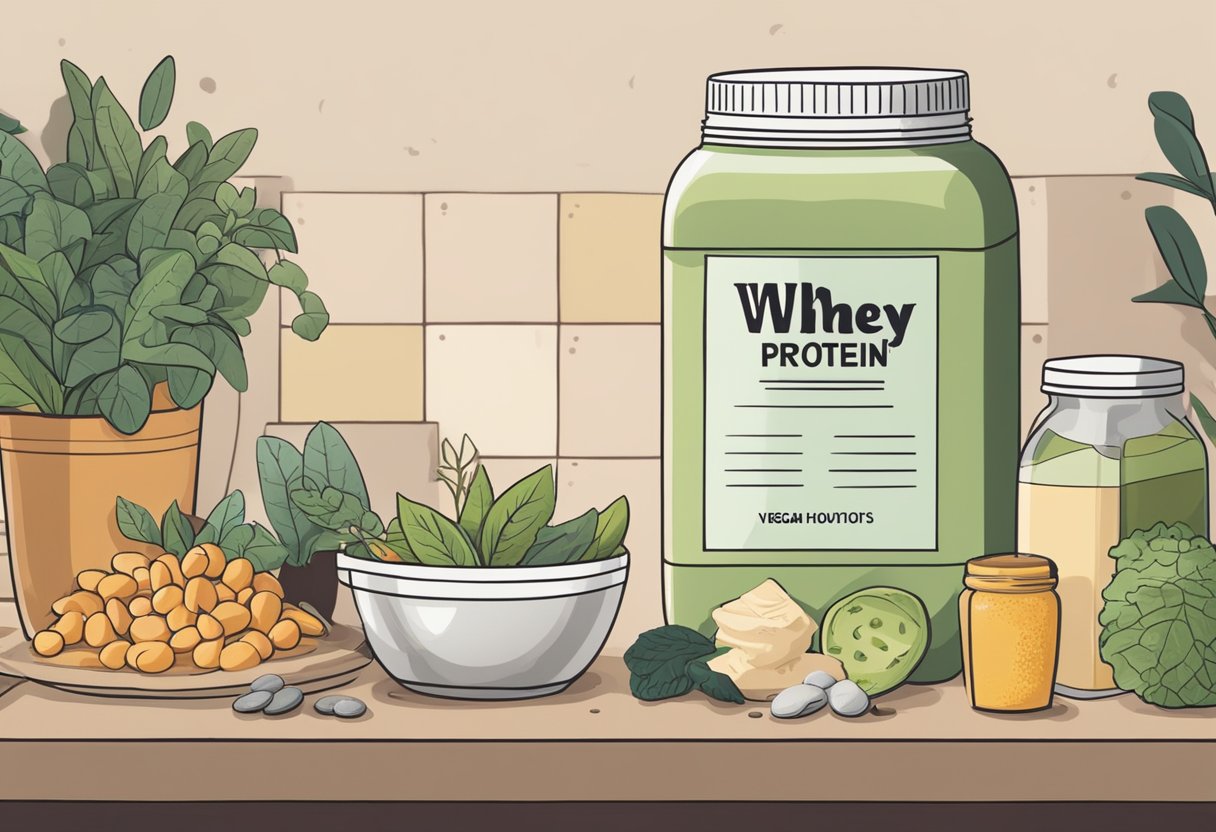 A container of whey protein sits on a kitchen counter, surrounded by various plant-based foods. A question mark hovers above the container, symbolizing the uncertainty of whether whey protein is vegan