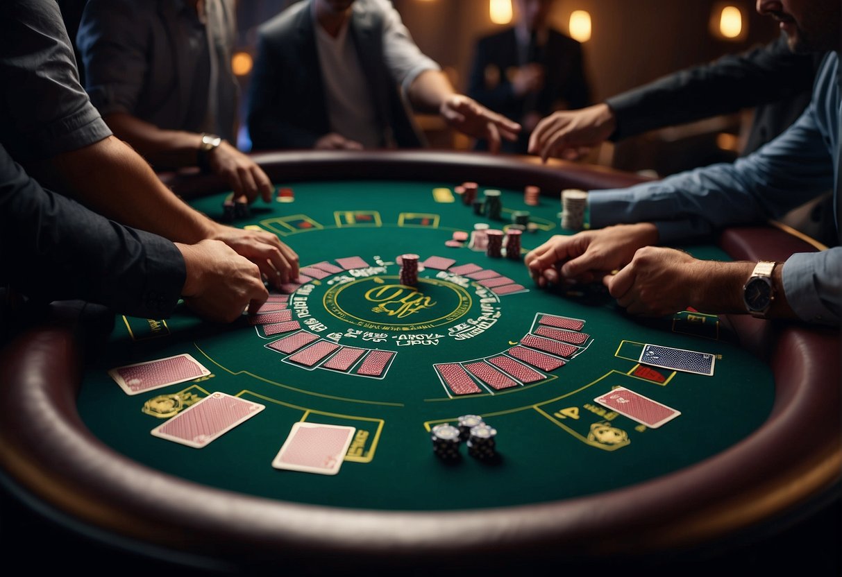 Players gather around a digital poker table, exchanging cryptocurrency chips. The virtual cards are dealt, and the tension in the air is palpable