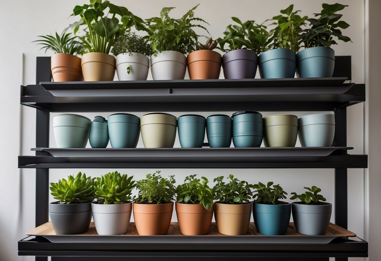 A variety of self-watering pots, in different sizes and styles, are arranged on a shelf. The pots are made of durable materials and feature built-in reservoirs for easy plant care